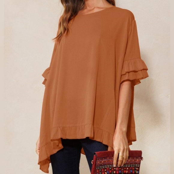 New Oddi Woven Clay Ruffled Top - Picture 1 of 2
